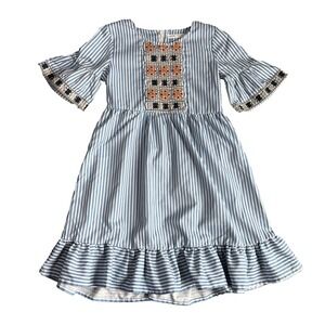 SHEIN Girls Blue And‎ White Stripped Dress Embroidery Size 8Y